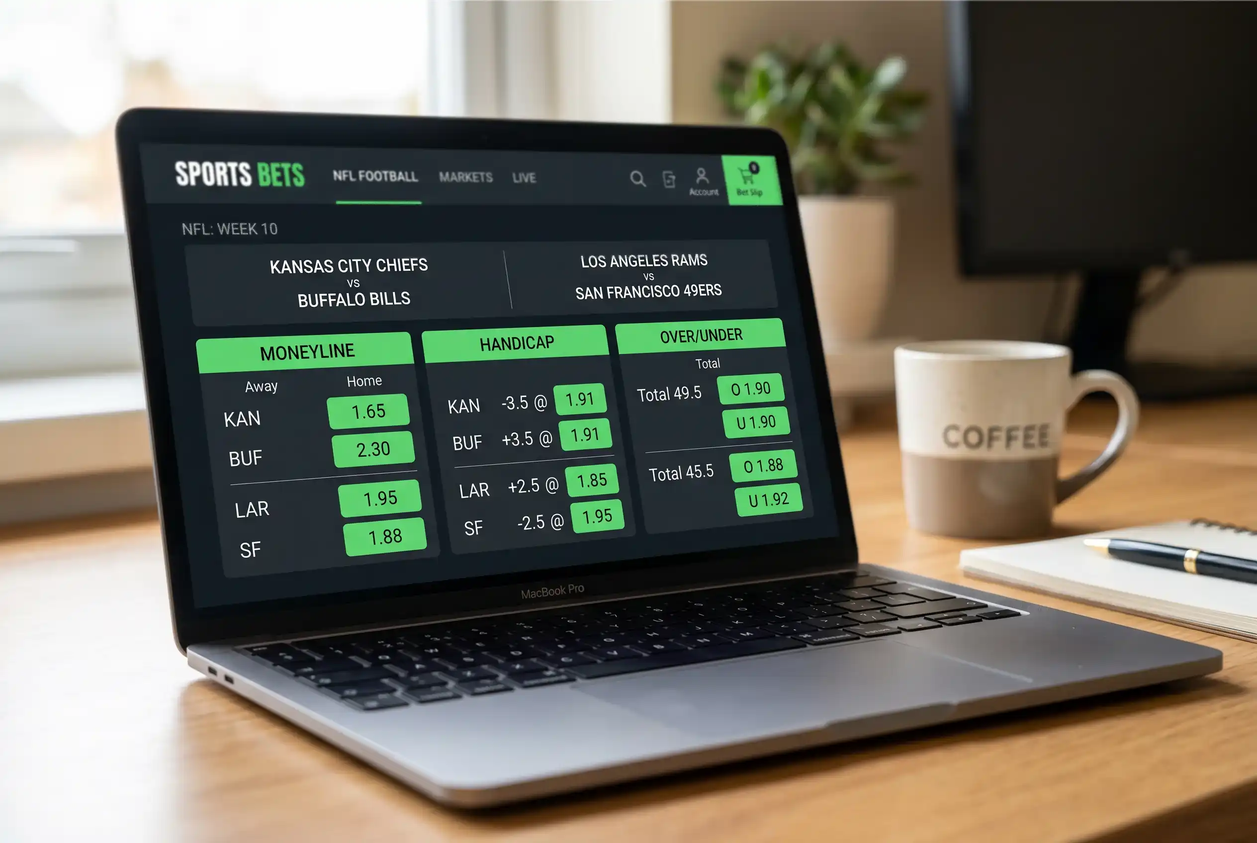 NFL betting odds displayed on a UK sportsbook interface showing spread, moneyline and totals markets