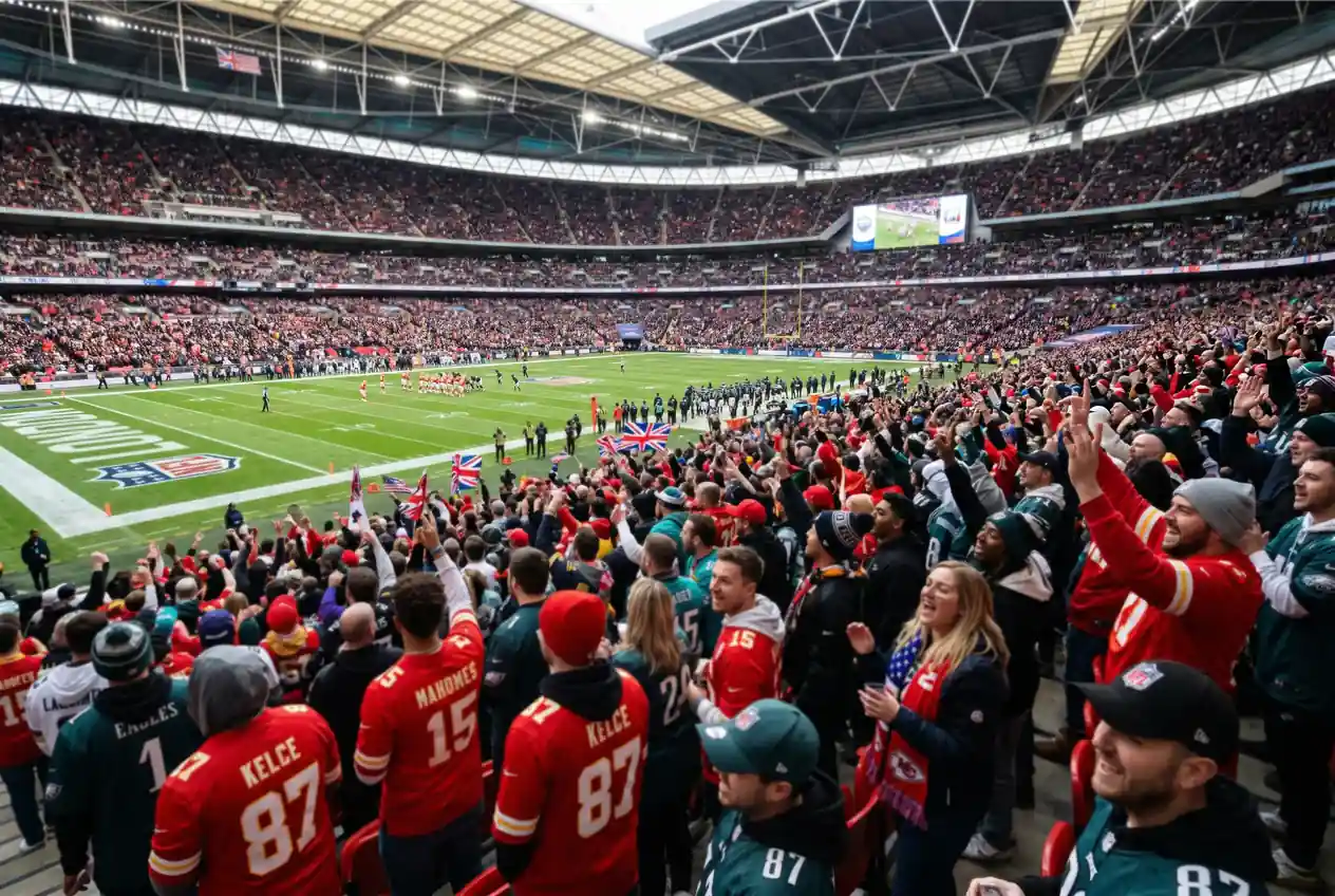 NFL fans watching American football at a London stadium, packed crowd wearing team jerseys
