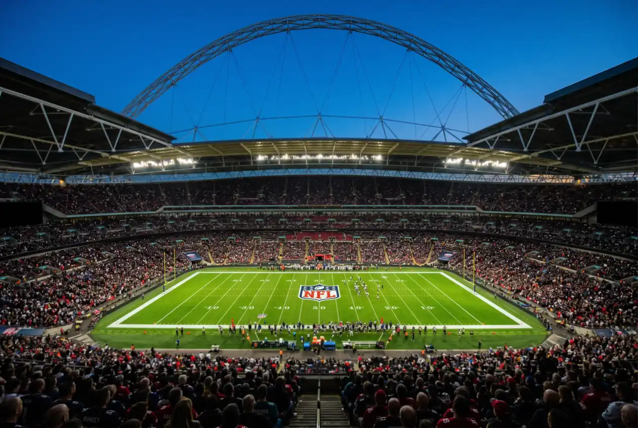Wembley Stadium during an NFL London game, aerial view showing packed stands and American football field markings