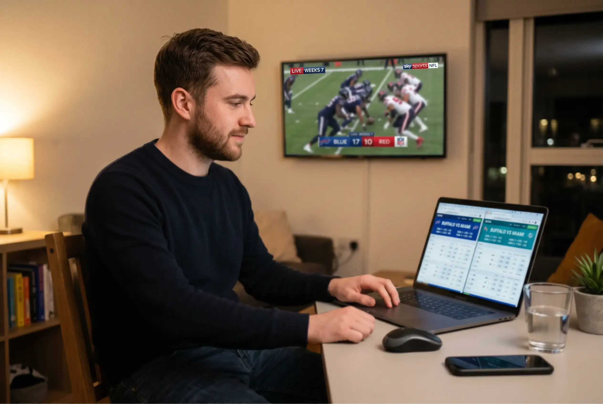 Person using a laptop to compare NFL betting sites, multiple browser tabs open showing different UK bookmakers